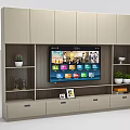 Modern Light Wood TV Cabinet with Open Shelves Drawers TV Potted Plants Decor Photo Frames