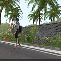 Scenic Road Facilities with White Lane Markings Palm Trees Brick Wall and Sidewalk Flower Beds