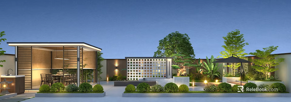 Modern Garden Landscape Featuring Perforated Lattice Wall Trimmed Shrubs Tropical Plants And Evening Lighting 3d model 