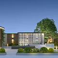 Modern Garden Landscape Featuring Perforated Lattice Wall Trimmed Shrubs Tropical Plants And Evening Lighting