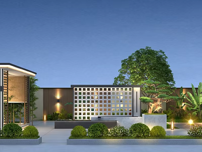 Modern Garden Landscape Featuring Perforated Lattice Wall Trimmed Shrubs Tropical Plants And Evening Lighting 3d model