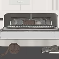 Modern White Upholstered Double Bed With Multiple Pillows Striped Rug And Open Book