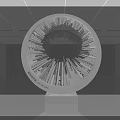 Circular Modern Art Installation With Radial Lines And Text On White Pedestal In Gray Space