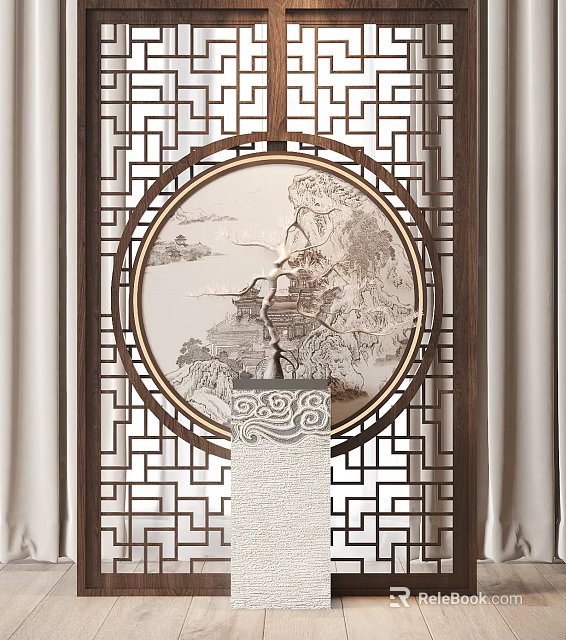 Chinese Style Room Divider With Round Landscape Painting And Lattice Wooden Frame 3d model 