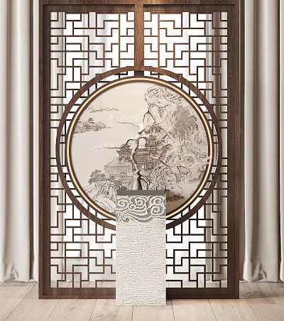 Chinese Style Room Divider With Round Landscape Painting And Lattice Wooden Frame 3d model