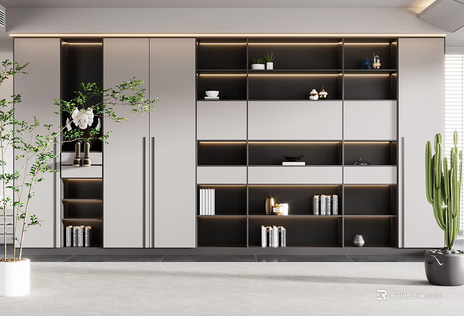 Contemporary Built in Bookcase With Open Shelves Closed Cabinets Books And Decorative Items 3d model 