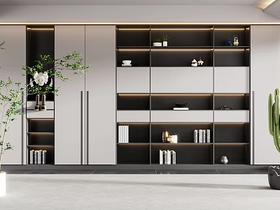 Contemporary Built in Bookcase With Open Shelves Closed Cabinets Books And Decorative Items 3d model