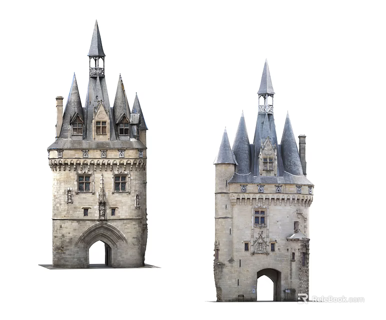 Ancient Architecture Historic Towers With Spires Arched Entrance And Stone Structure 3d model 