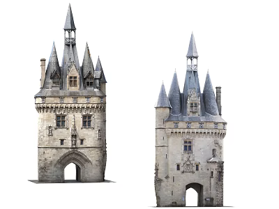 Ancient Architecture Historic Towers With Spires Arched Entrance And Stone Structure 3d model