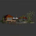 Tropical Island Scene With Wooden House Palm Trees Deck And Round Table