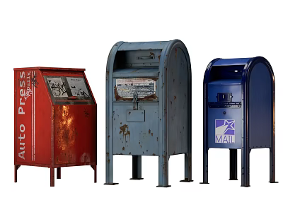 Public Facilities Featuring Red Auto Press Kiosk Blue Rusty Mailbox and Dark Blue Mail Box 3d model