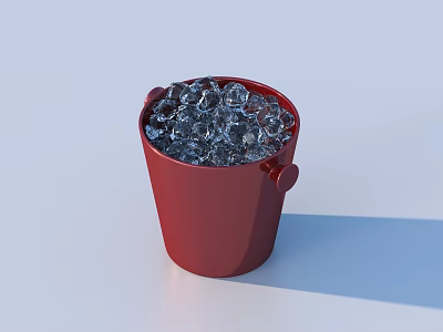 Metal Red Bucket Filled With Clear Ice Cubes On White Surface 3d model