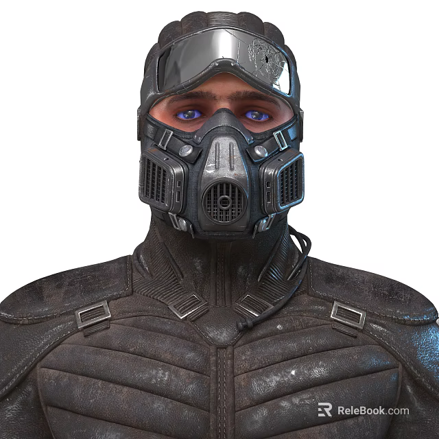 Man Wearing Tactical Black Armor With Breathing Mask Goggles And Worn Metal Buckles 3d model 