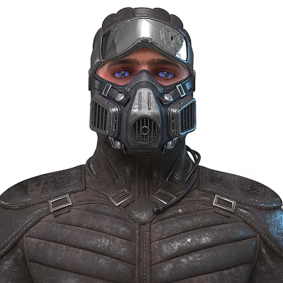 Man Wearing Tactical Black Armor With Breathing Mask Goggles And Worn Metal Buckles 3d model