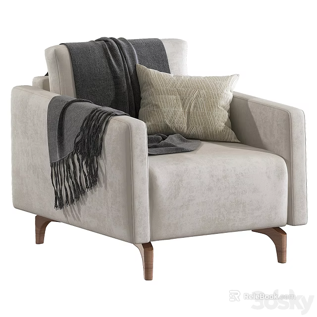 Light Gray Modern Sofa Stool With Gray Blanket Beige Pillow And Wooden Legs 3d model 