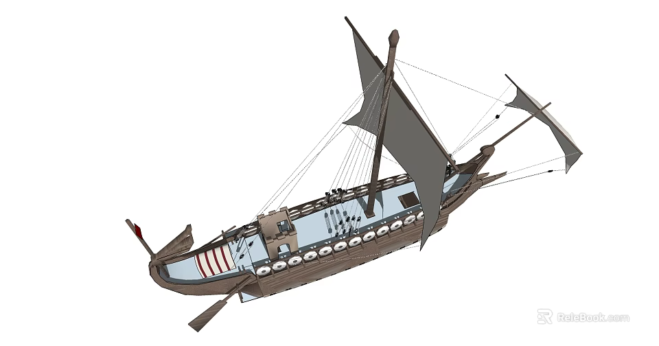 Traditional Wooden Ship Design Featuring Sails Oars Portholes And Flag Details 3d model 