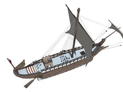 Traditional Wooden Ship Design Featuring Sails Oars Portholes And Flag Details 3d model