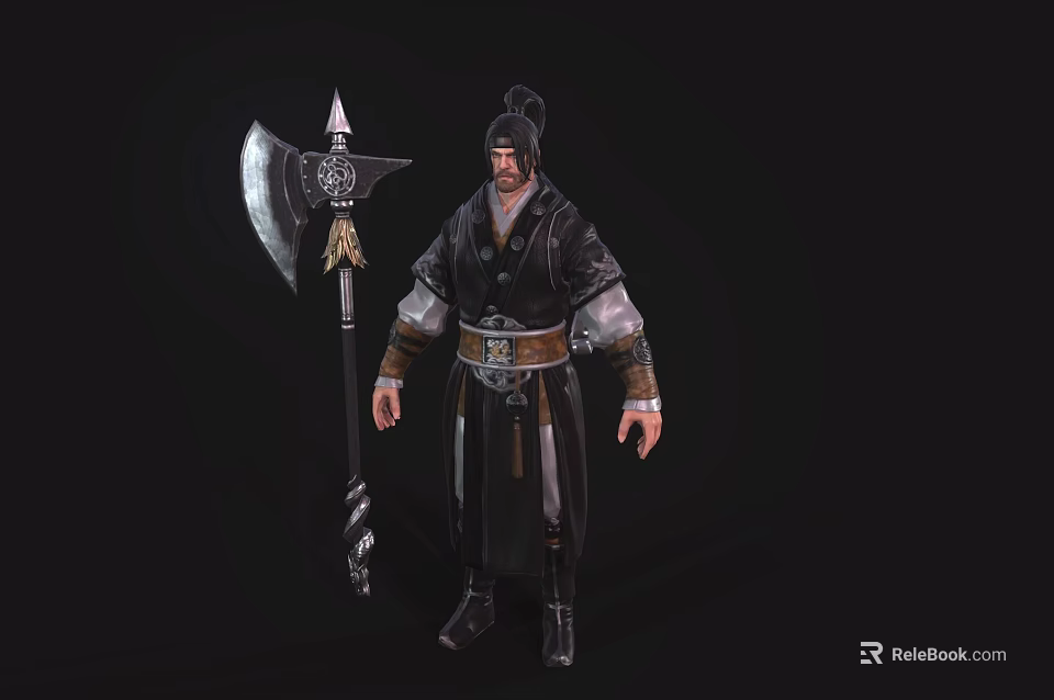 Ancient Warrior Character Holding Large Battle Axe In Traditional Clothing 3d model 