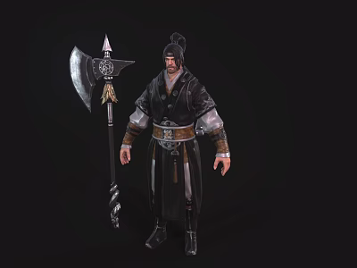 Ancient Warrior Character Holding Large Battle Axe In Traditional Clothing 3d model