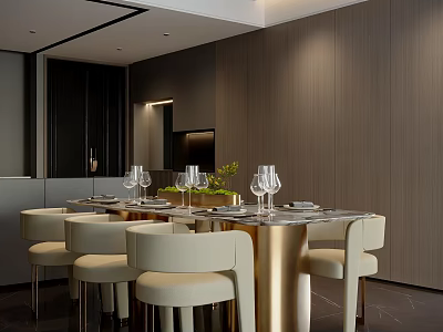 Modern Dining Room Interior With Golden Base Table White Chairs Wine Glasses And Plant 3d model