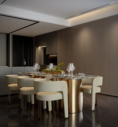 Modern Dining Room Interior With Golden Base Table White Chairs Wine Glasses And Plant 3d model