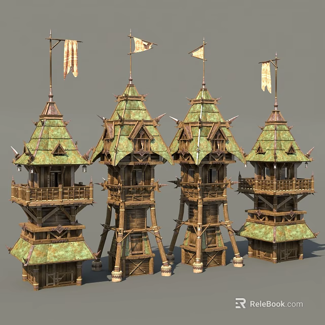 Detailed Wooden Towers With Green Roofs And Flag Decorations Design 3d model 