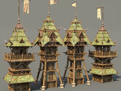 Detailed Wooden Towers With Green Roofs And Flag Decorations Design 3d model