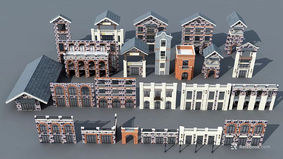 Multiple Storefront Design Styles Featuring Brick Stone Facades and Architectural Roof Elements 3d model 