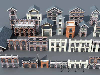 Multiple Storefront Design Styles Featuring Brick Stone Facades and Architectural Roof Elements 3d model