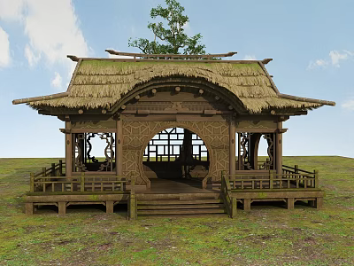 Scenic Traditional Wooden Pavilion With Thatched Roof And Tree In Grassland 3d model