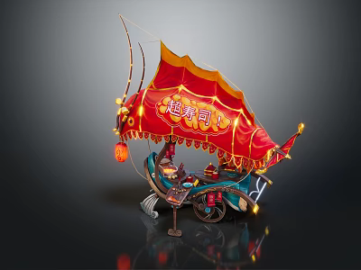Traditional Decorative Functional Cart With Red Canopy Lanterns And Seafood Delivery Setup 3d model