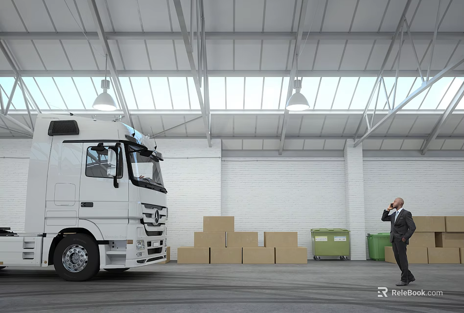 Warehouse Interior Featuring White Truck Cardboard Boxes And Man In Suit Talking 3d model 