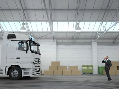 Warehouse Interior Featuring White Truck Cardboard Boxes And Man In Suit Talking 3d model