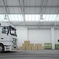 Warehouse Interior Featuring White Truck Cardboard Boxes And Man In Suit Talking