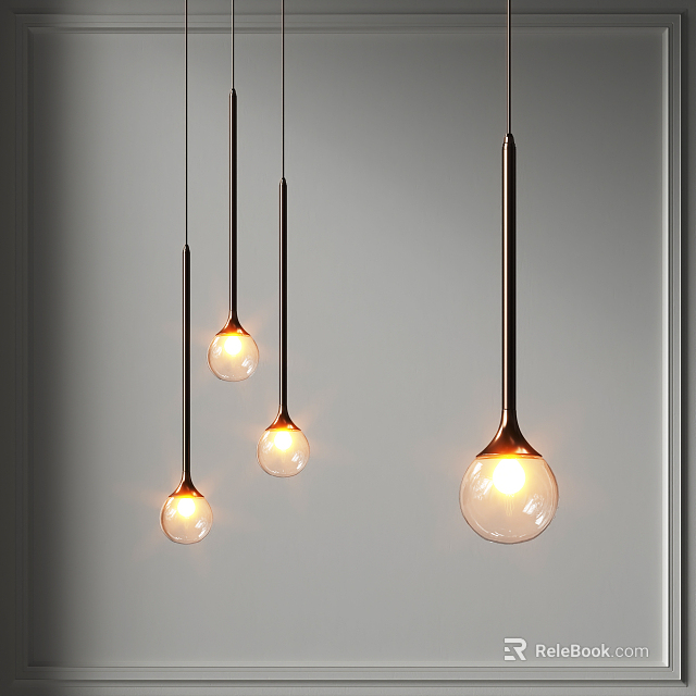 Modern Pendant Lights With Metal Rods And Glass Spherical Shades Emitting Warm Glow 3d model 
