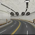 Modern Tunnel Interior With Curved Road Yellow Lines And Ceiling Fans