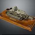Detailed Military Vehicle Tank Model with Tracks and Turret on Wooden Display Base