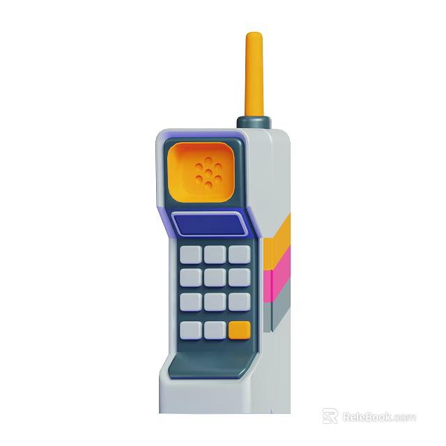 Vintage Mobile Phone Daily Electrical Appliance Featuring Gray Yellow Blue Pink Antenna Keypad Screen 3d model 
