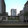 Modern High Rise Residential Area Entrance Evening View With Archway Fountain And Trees