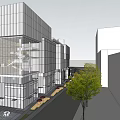 Modern Commercial Street Featuring Glass Facades Pedestrians Greenery And Open Walkways
