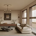Modern Living Room With Beige Sofa Accent Chairs Coffee Table Chandelier And Decorative Mirror