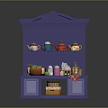 Purple Carved Cabinet With Decorative Vines Displaying Teapots Cups Fruits Bottles Tableware And Box