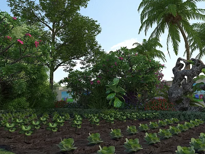Garden Landscape Design With Lush Trees Tall Palm Trees Pink Flowers And Neat Vegetable Seedlings 3d model