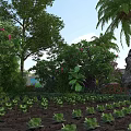 Garden Landscape Design With Lush Trees Tall Palm Trees Pink Flowers And Neat Vegetable Seedlings