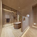 SPA Sauna Interior Design Featuring Arched Details Wooden Elements And Herringbone Floor