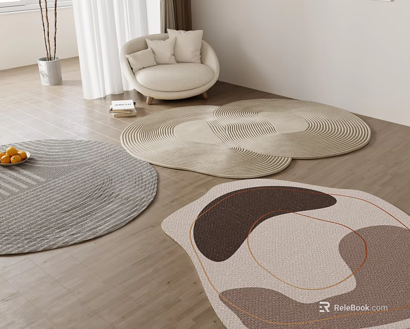 Stylish Shaped Rugs In Modern Living Room 3d model 