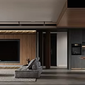 Modern Living and Dining Area Interior with Wooden Wall Gray Sofa Throw Pillows and Rug