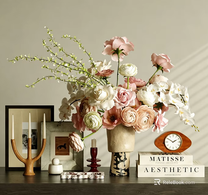 Decorative Ornament Set with Floral Bouquet Vase Clock Books Photo Frame and Candle Holder 3d model 