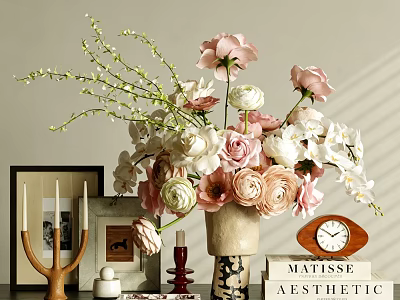 Decorative Ornament Set with Floral Bouquet Vase Clock Books Photo Frame and Candle Holder 3d model