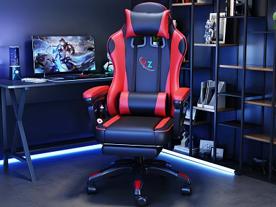 Gaming Desk Setup With Black Red Chair Computer Monitor And Blue LED Lights 3d model